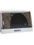 DKNY black ribbed knit beanie with leopard print scarf set