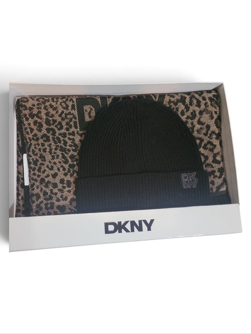 DKNY black ribbed knit beanie with leopard print scarf set