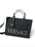 Versace Black Canvas Studded Logo Tote with Gold Accent