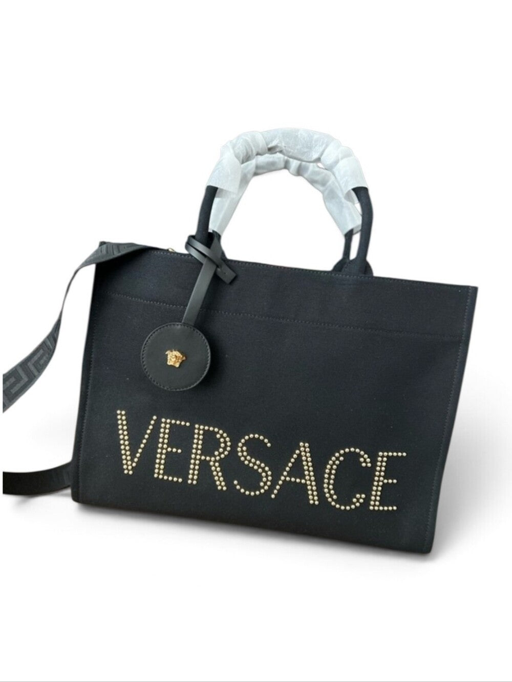 Versace Black Canvas Studded Logo Tote with Gold Accent