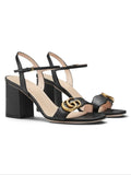 Gucci Matmont Black Leather Block Heel Sandals with Gold Accent - Size 42