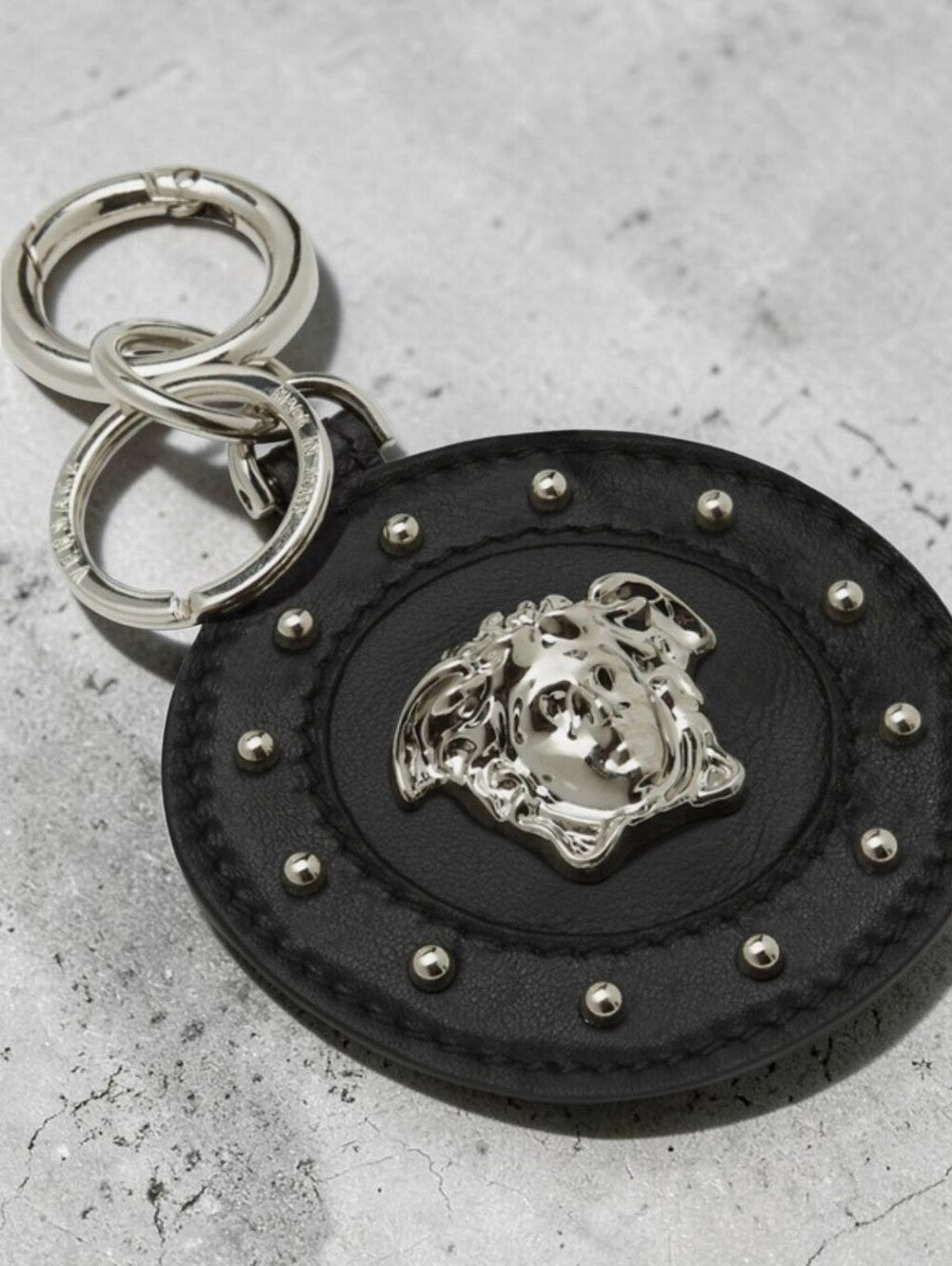 Authentic Versace Black Leather Medusa Stud Key Holder with Silver Hardware