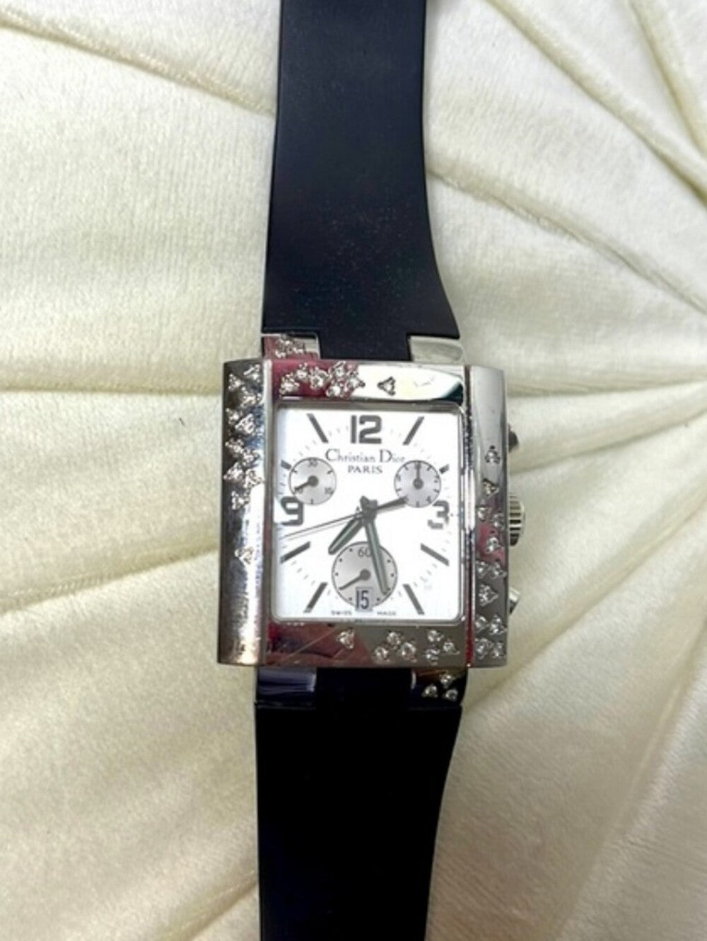 Christian Dior Silver-Tone Crystal Accent Watch with Black Strap