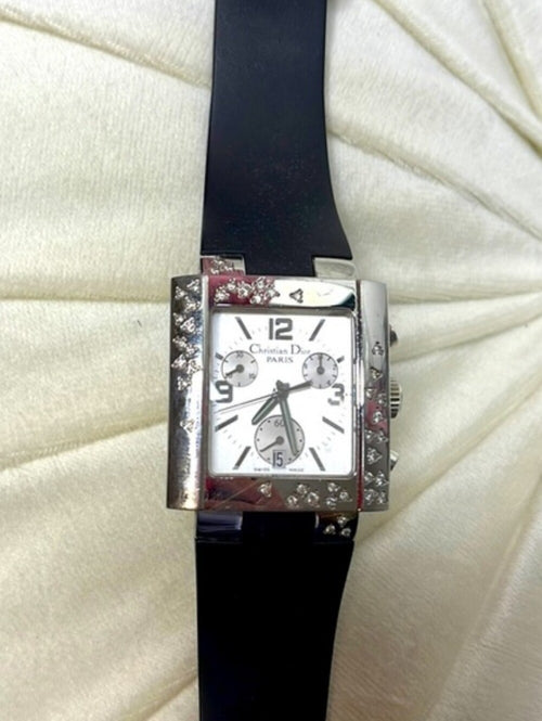 Christian Dior Silver-Tone Crystal Accent Watch with Black Strap