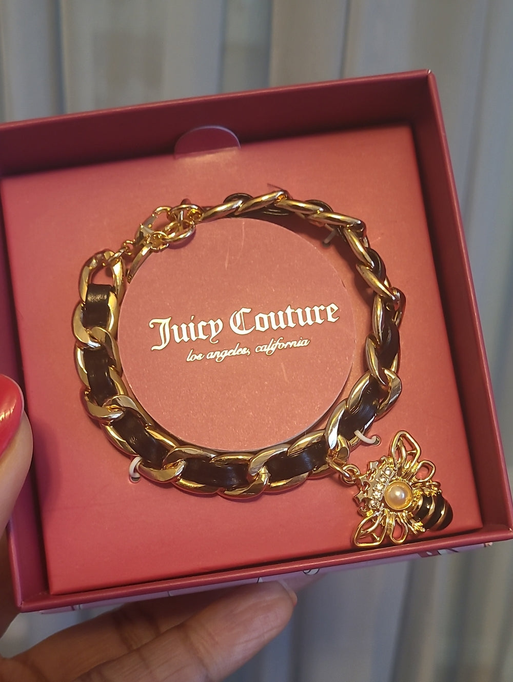 Juicy Couture Gold and Black Chain Bracelet with Bee Pearl Charm